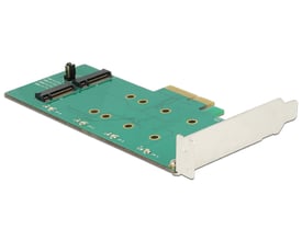 DeLock 89536 PCI Express-kort i grøn udformning med to interne M.2-tilslutninger og Low Profile-beslag.