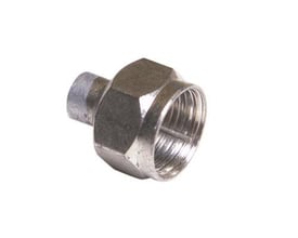 DKT F-slutmodstand med 75 Ohm modstand og F-stik (han) i metal på hvid baggrund.