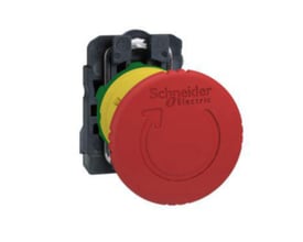 Schneider Electric nødstop komplet, rød Ø40 mm tryk/drej med 1xNC kontakt og indgraveret dreje-pil.