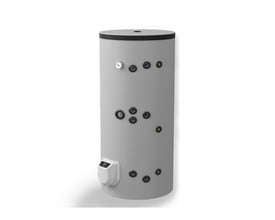 Fritstående Eldom Sol VVB 300 L varmtvandsbeholder i grå med 2 spiraler, elektronisk kontrol og rør nedad.