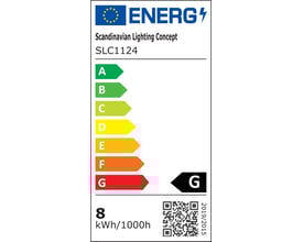 Energimærke for SLC One Soft LED downlight, viser energiklasse F på skala A-G og 8 kWh/1000h.