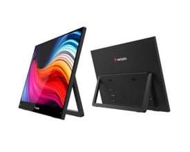 Verbatim LIGHT Series 15.6" FHD touchskærm, bærbar skærm vist fra to vinkler med abstrakt farverigt tapet på skærmen.