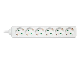 Detaljeret billede af en Deltaco stikdåse med seks hvide schuko udtag med jord, 1,5m ledning.
