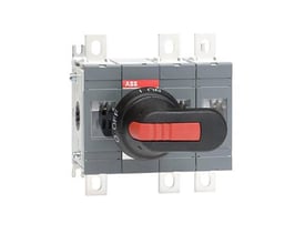 ABB 3-polet lastafbryder på 200A med sort ON/OFF drejegreb og rød indikator, klar til bundmontering på hvid baggrund.