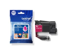 Brother LC521M magenta blækpatron med sort patronhus og magentafarvet mærkat, vist ved siden af blå emballage.