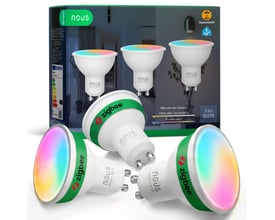 Nous P8Z GU10-smartpærer med farveskift vises foran emballagen, der fremhæver Zigbee og en pakke med tre pærer.