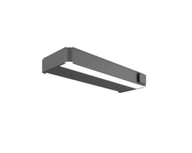 Svedbergs LED-belysning til skab i granitgrå, 55 cm lang, set skråt nedefra med den lange lysflade synlig.
