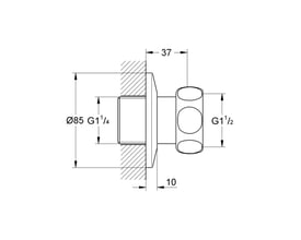 Teknisk tegning af Grohe tilgangsforskruning, viser dimensioner som G1 1/4" og G1 1/2" samt andre mål.