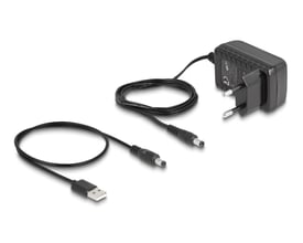 DeLock HDMI UHD-splitter med sort strømforsyning og USB-kabel med stik vist ved siden af.
