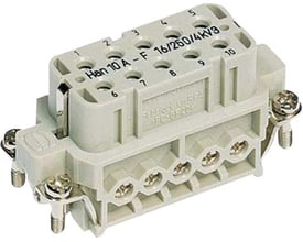 Detaljeret billede af Harting Han 10A-F stikindsatsens bagside, der viser de 10 skrueterminaler til ledningsføring.