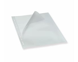 Bantex A4 plastlomme med åben top og venstre side, 0,12mm tykkelse og præget overflade, solgt i 100-pak.