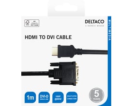 Emballage til Deltaco HDMI til DVI-D single link-kabel, 1 meter og sort, med begge stik vist på forsiden.