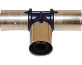 Wavin Tigris K1 T-stykke med preskoblinger til 20mm alupex-rør, fremstillet i holdbart PPSU-kunststof med mørkeblå koblingsdetaljer.