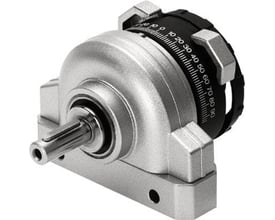 Festo DSR-25-180-P semi-rotary drive i metal med tydelig gradskala for rotationsvinkel fra 0-90 grader.