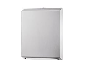 Isa papirdispenser til vægmontering, fremstillet i holdbart rustfrit stål med mål b281 x d103 x h371 mm.