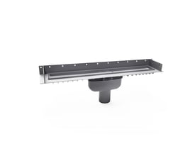 Purus Line afløbsrende på 800 mm med lodret Ø75 mm afløb og vandlås, vist skråt forfra.