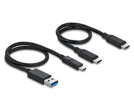 To sorte USB-kabler med USB-A til USB-C og USB-C til USB-C stik.