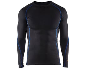 Blåkläder undertrøje i sort med blå kontrastsyninger og paneler med Blåkläder helprint, størrelse L, 100% polyester.