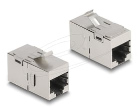 DeLock keystone-modul Cat.6A med RJ45-hun i begge ender, vist fra to vinkler med sølvfarvet hus.