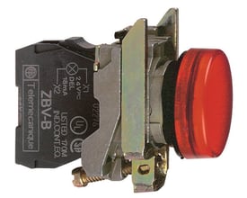 Tættere visning af Schneider Electric XB4BVM4 rød signallampe, med fokus på mærkat med specifikationer og tilslutningsdetaljer.