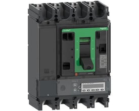 Schneider Electric ComPacT NSX630HB2 4-polet maksimalafbryder med grønt håndtag og digital skærm. Stærk og kompakt enhed til industriel brug.