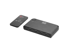 One For All SV 1632 HDMI Switch med tilhørende fjernbetjening placeret ved siden af på hvid baggrund.