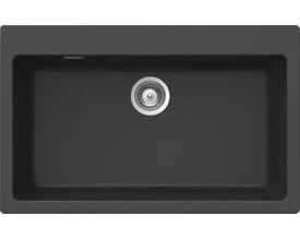 Onyx sort Intra Juvel Granite Primus N100XL køkkenvask set ovenfra med tydeligt afløb i midten af kummen.