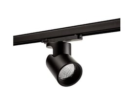 SG Armaturen Aneto spotlight monteret på en sort 3-faset skinne, viser det sorte cylindriske design og LED-lys.