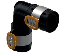 Geberit FlowFit 90° bøjning i sort PPSU med 75 mm diameter og orange klemmer.