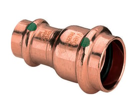 Viega Profipress reduktionsmuffe i kobber, 22 x 15 mm, med to pressender og grønne markeringer.