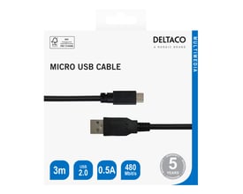 Detailæsken til Deltaco USB 2.0-kabel, sort og 3 meter, viser USB-A- og micro-B-stikkene.