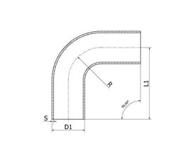 Målskitse af 90° bøjning i rustfrit stål 316L med diameter og bukkeradius på 63,5 mm.