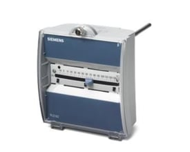Siemens RLE162 indstiks-temperaturregulator med AC 24 V forsyning og DC 0-10 V output, vist på hvid baggrund.