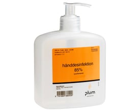 Plum hånddesinfektionsgel 85 % med pumpe i en lys flaske med orange etiket.