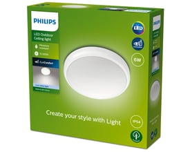 Pakke med Philips Doris LED loftlampe til udendørs brug, hvid med 6W effekt og 4000K lysfarve.