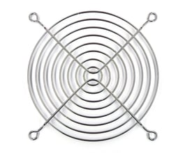 Gitter til 120x120 mm ventilator, fremstillet af skinnende metal med et cirkulært design og fire monteringsøjer.