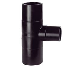 Georg Fischer stuk/el PE-tee med 225x75mm dimension og 75mm afgang i sort PE100 materiale.