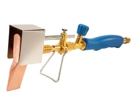 Nærbillede af CFH loddekolbe KL147, der viser den store 350g kobber loddebolt og den blå ergonomiske håndtag.