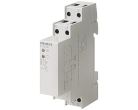 Siemens spændingsrelæ 5TT3 414, hvidt med terminaler mærket L1, L2, L3 og N, med statusindikatorer og kredsløbsdiagram.
