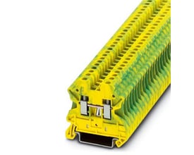 Nærbillede af Phoenix Contact UT 2,5-PE jordklemme, der viser detaljerne af skruetilslutningerne og den grøn/gule farve.