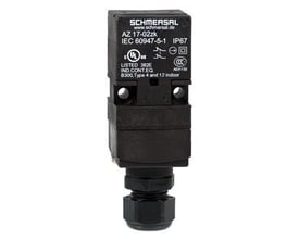 Nøgleafbryder med sort kunststof hus, model AZ 17-02ZK, med IP67-certificering og UL-godkendelse.