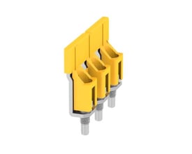 Isoleret laske WQV 35/3 fra Weidmüller med 3 poler og M4 skruer, vist fra siden i gul plast.