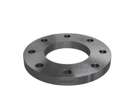 Indura stålflange med synligt logo, 114,3 mm diameter, 8 bolthuller og PN10/16 trykklasse, præsenteret på hvid baggrund.