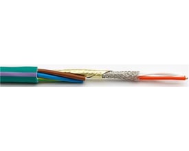 Texiline Canbus hybridkabel 1x2x0,75mm²+0,75mm² med indre kobberledere og beskyttende skærmning på hvid baggrund.