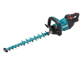 Nærbillede af Makita 18V hækkeklipper fra siden, der viser det præcisionsskårne 500 mm sværd og gummiisolerede håndtag.