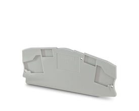 Grå endeplade fra Phoenix Contact, model D-DTME 6, til terminalblokke, viser produktets form og indgraverede logo.