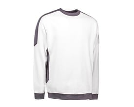 ID Identity Pro wear sweatshirt i hvid med grå kontrastdetaljer på skuldre og sider. Sweatshirten har rund hals og ribkanter ved ærmer og bund.