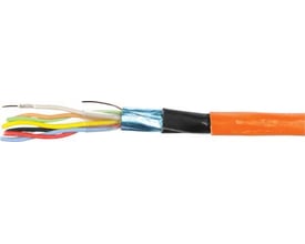 Brandsikkert signalkabel 4X2X0,8 mm med 8 ledere, vist med den orange, halogenfri yderkappe og indre komponenter.