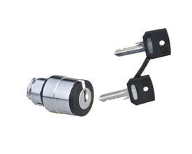 Schneider Electric nøglegreb med 3 positioner til Harmony XB4 serien, inkluderer to sorte nøgler på hvid baggrund.