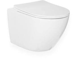 Hvid, væghængt Rimfree toiletkumme med lukket cisternedesign og integreret toiletsæde med Soft Close funktion.